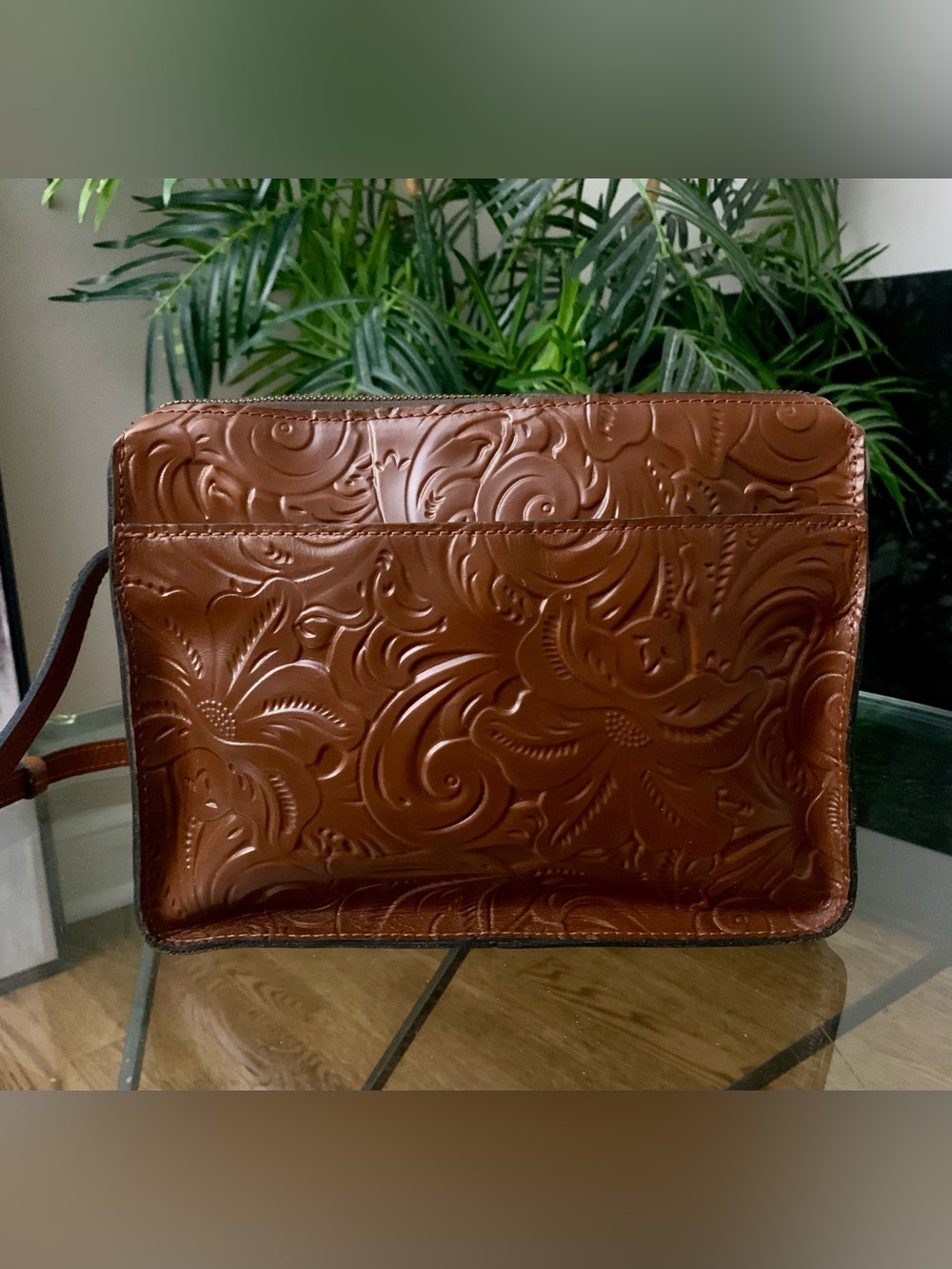 Patricia Mash Embossed Floral Leather Bag Crosbody- Brown